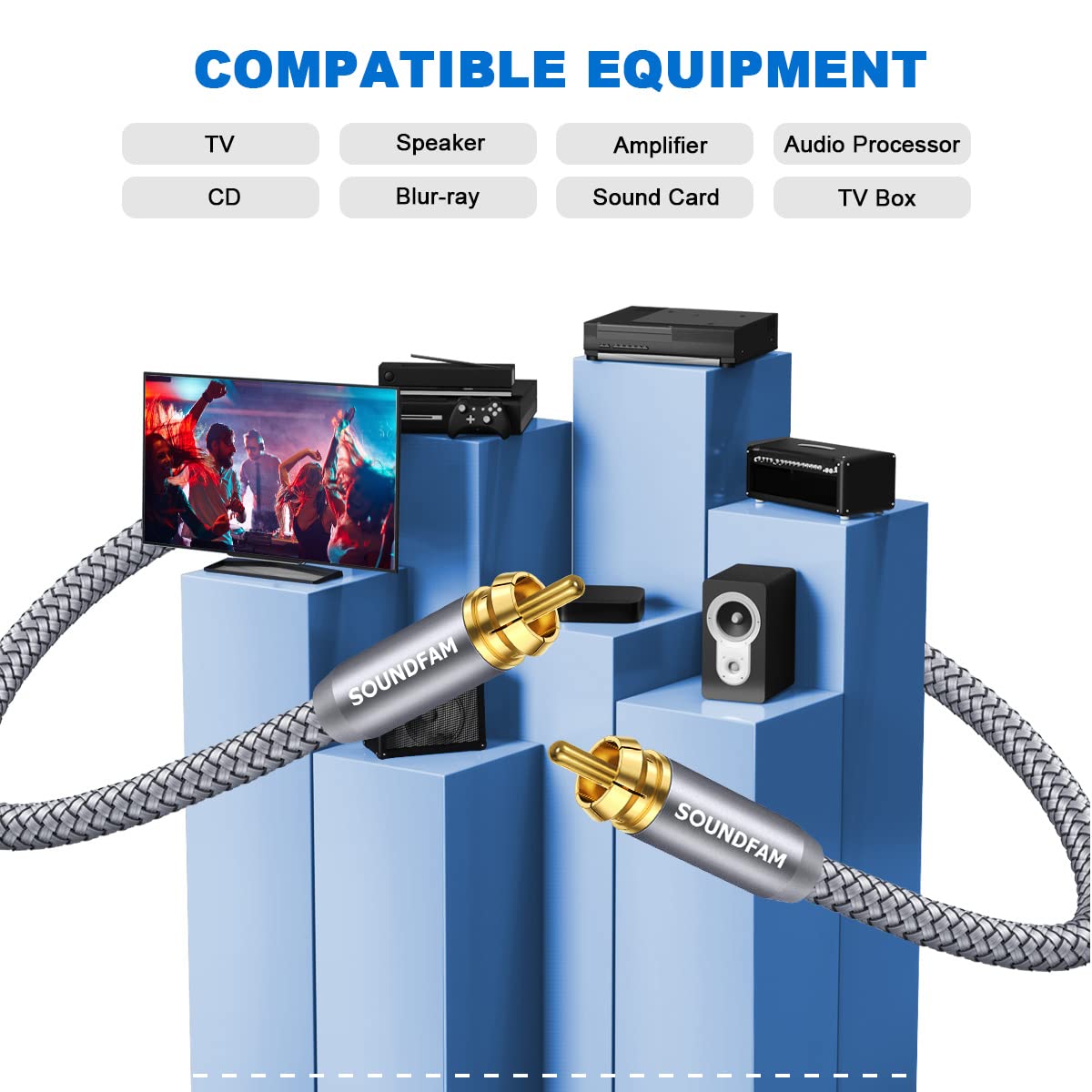 Gold-plated RCA connectors from SOUNDFAM reduce oxidation and maintain signal quality.