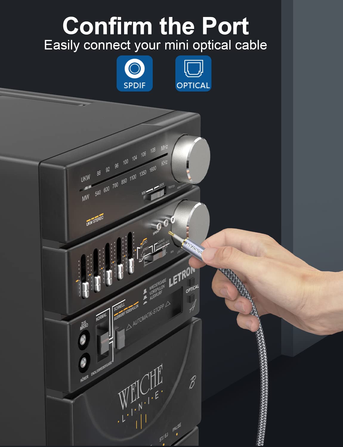 SOUNDFAM cable connected between soundbar and TV for clean interference-free audio