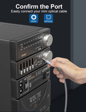 SOUNDFAM cable connected between soundbar and TV for clean interference-free audio