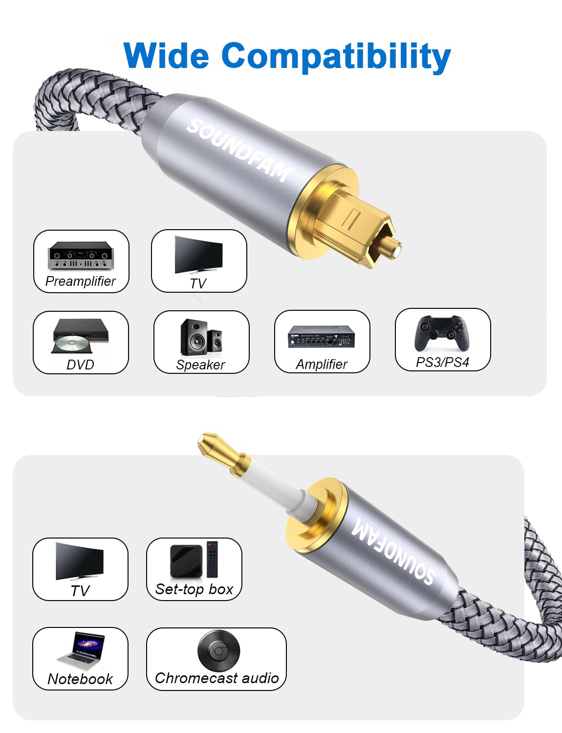 SOUNDFAM close-up of mini-Toslink plug highlighting precise polished fiber tip