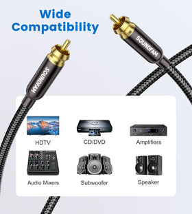 SoundFam RCA cable with cotton braided jacket suitable for easy routing and kink resistance.