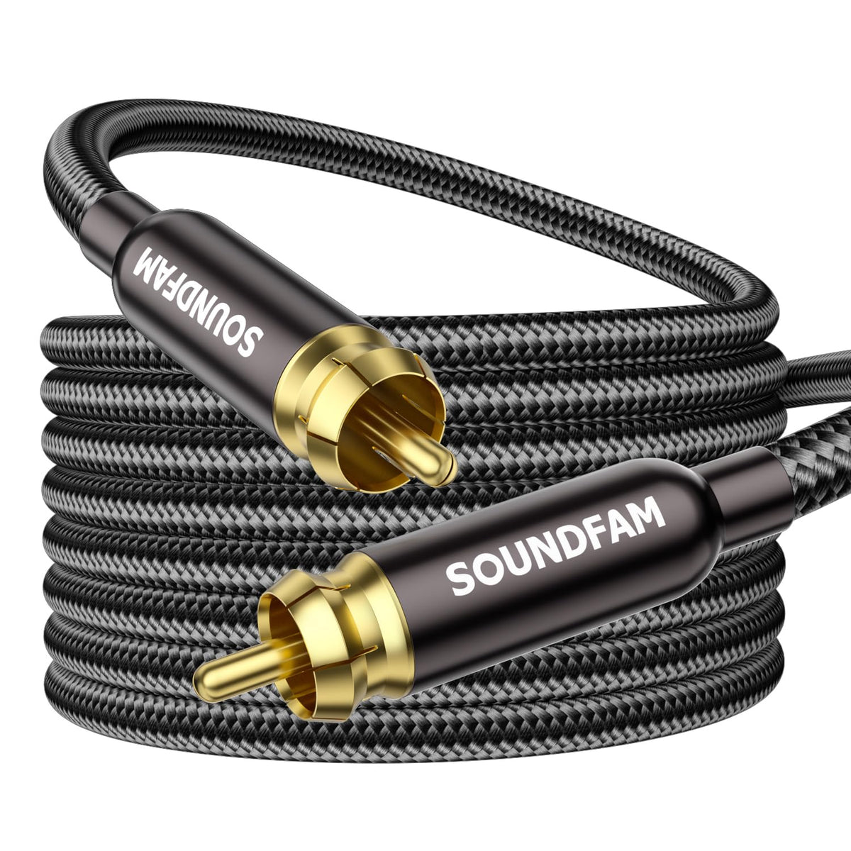 SoundFam subwoofer cable with 24K gold RCA connectors for clearer bass and reduced interference.