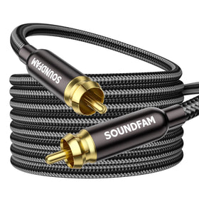 SoundFam subwoofer cable with 24K gold RCA connectors for clearer bass and reduced interference.