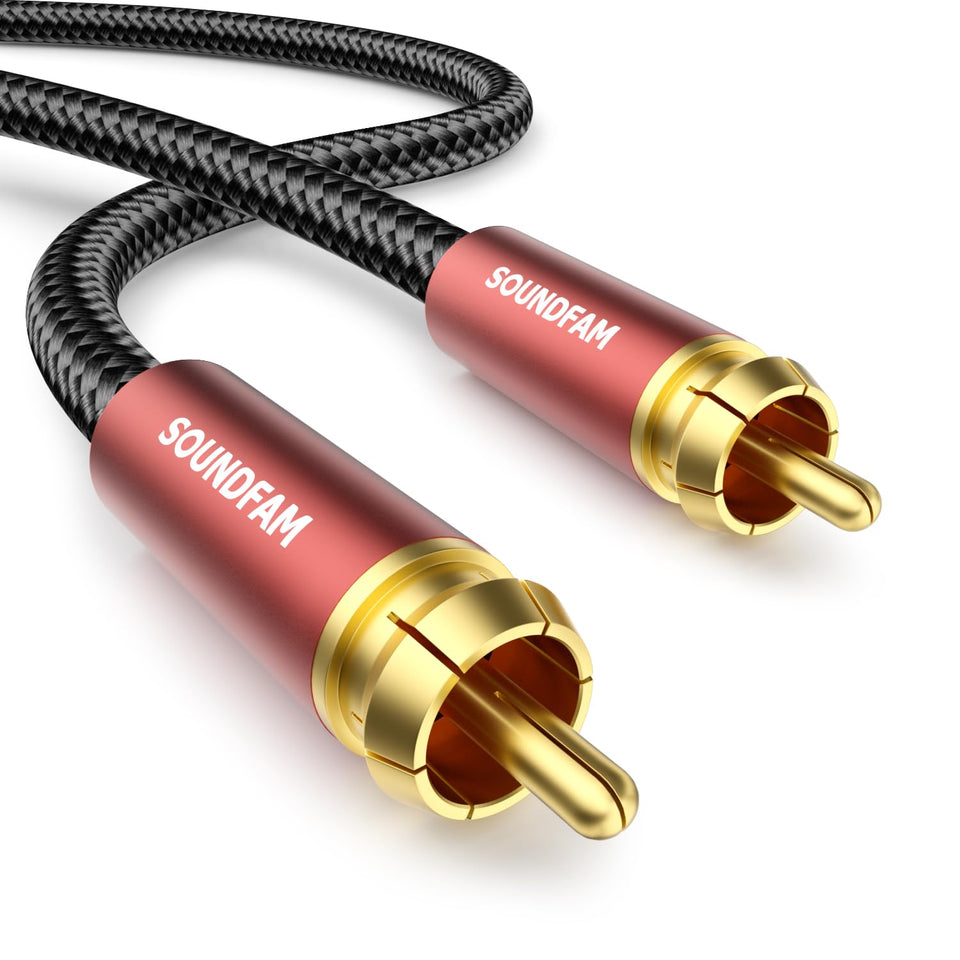 SOUNDFAM subwoofer cable RCA-to-RCA with red jacket for clean bass signal.