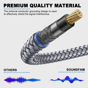 SOUNDFAM cable connected to subwoofer and receiver for clean low-frequency link