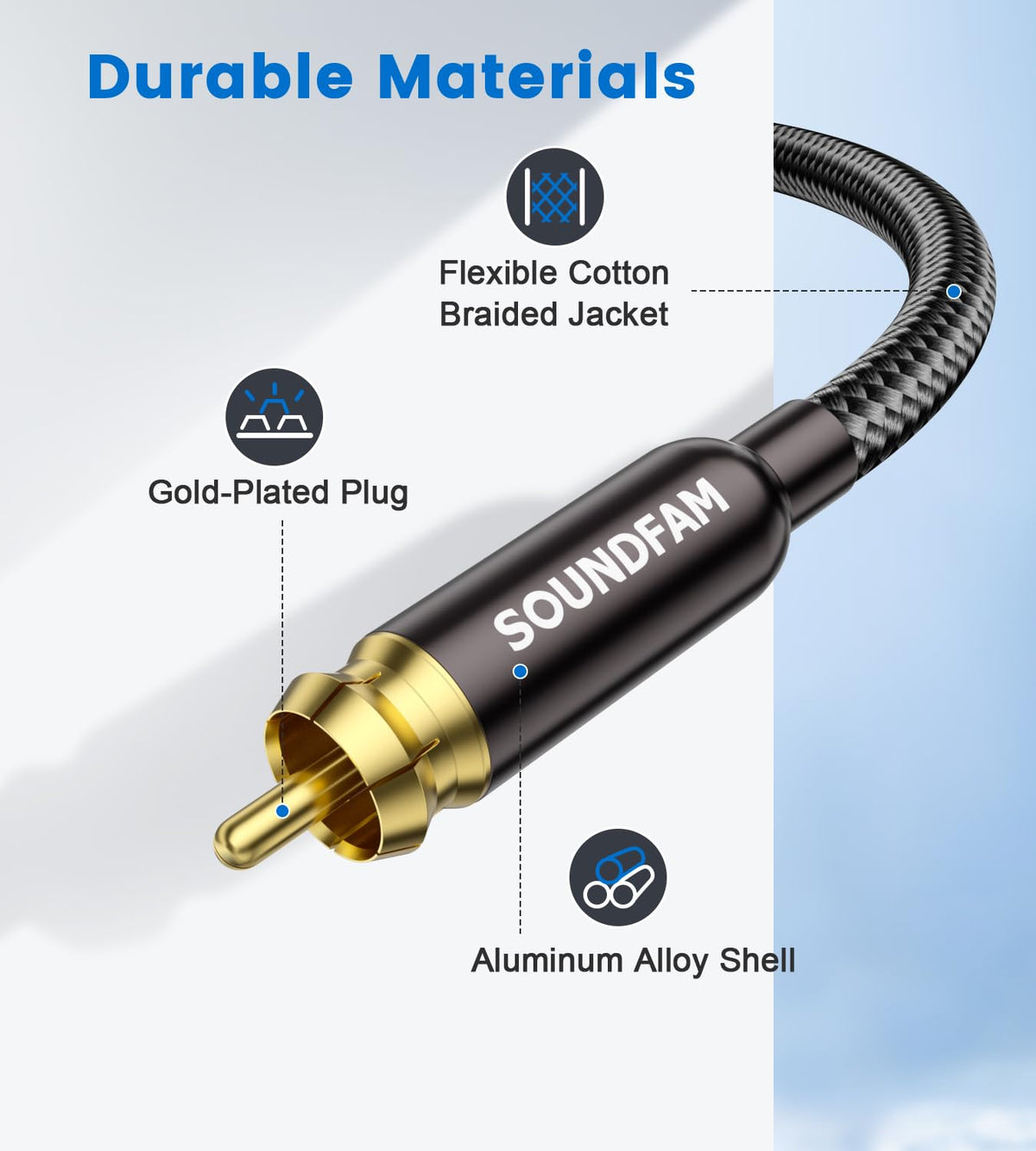 SoundFam universal RCA compatibility for stereo and home theater systems.
