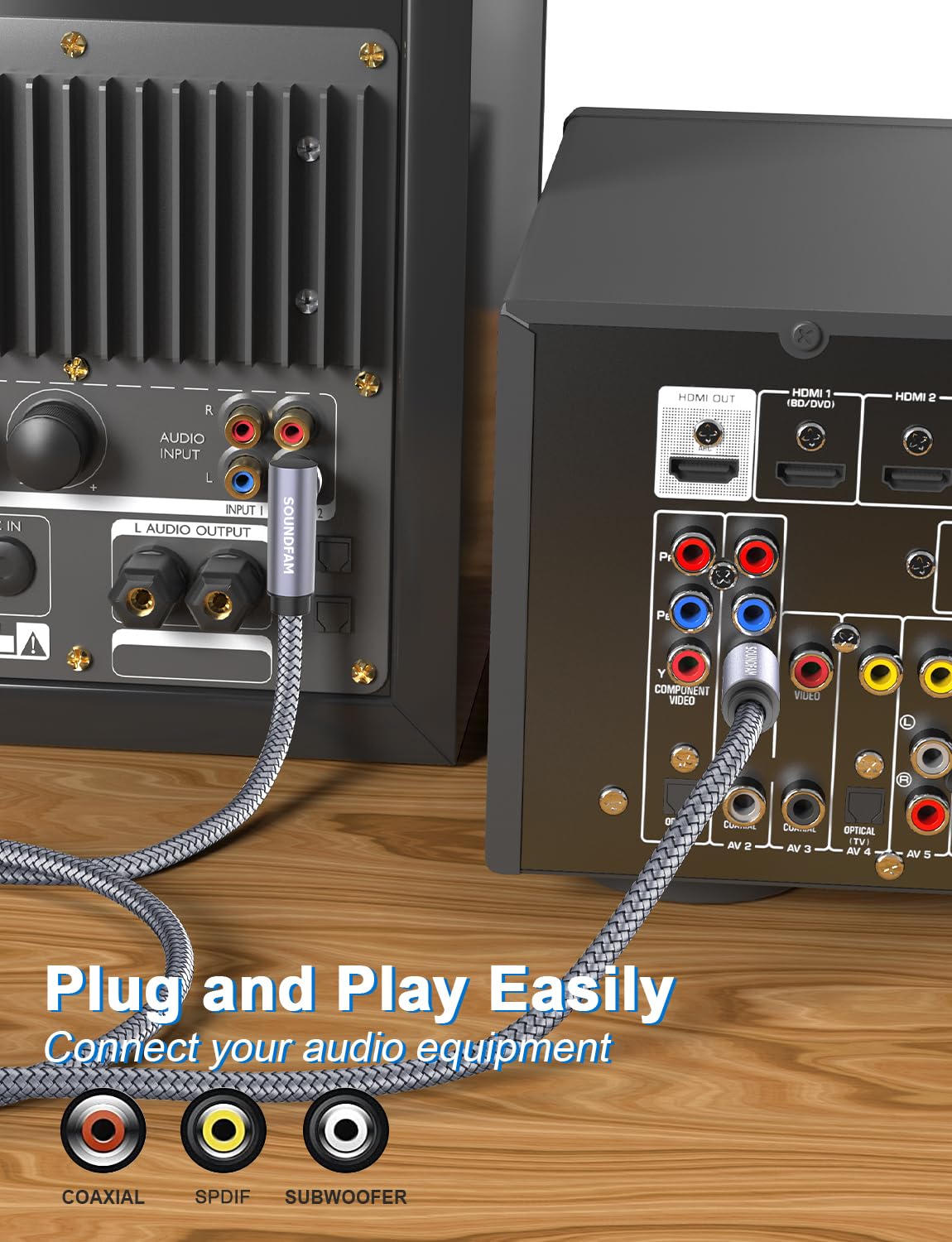 Soundfam cable fits neatly behind wall-mounted devices and furniture
