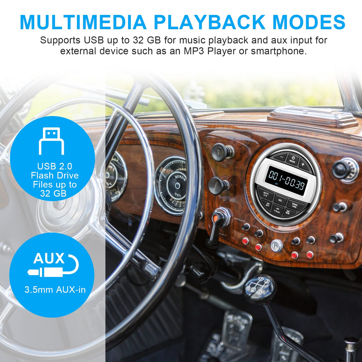 SOUNDKITS marine radio USB and AUX inputs for external devices