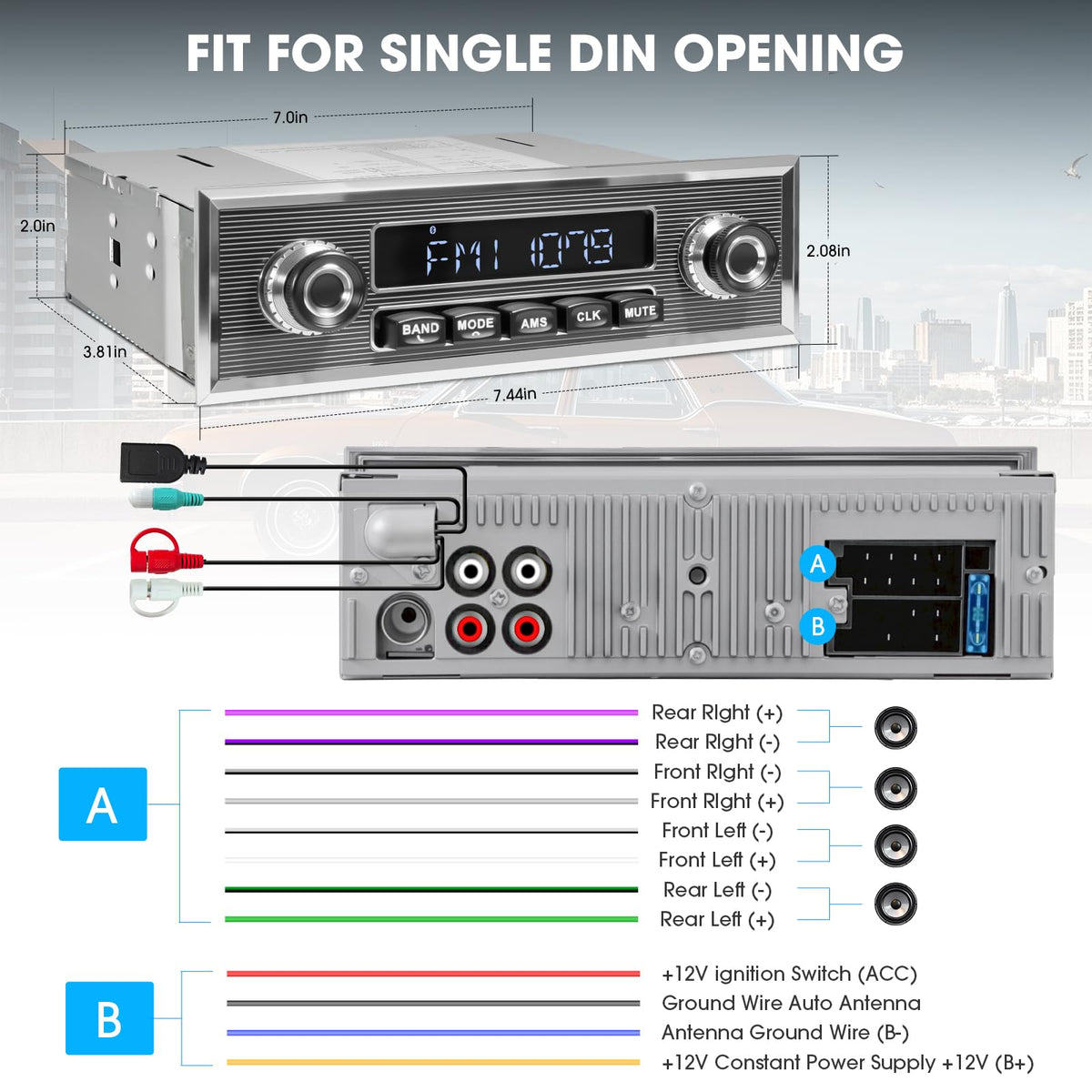 SOUNDKITS 300W peak 4-channel output adds deep bass via RCA.