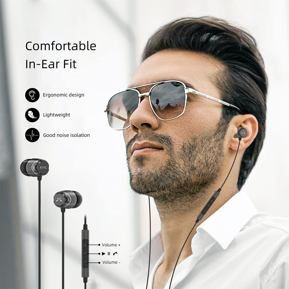 SoundMAGIC earbuds next to a phone and box showing compact scale