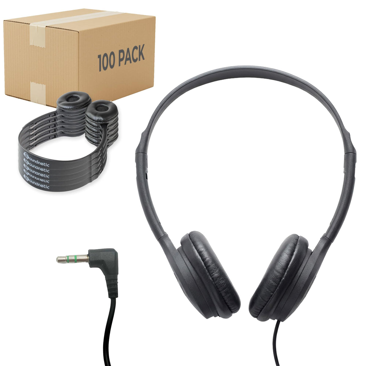 Soundnetic SN313 bulk classroom headphones with leatherette ear pads for daily classroom use.