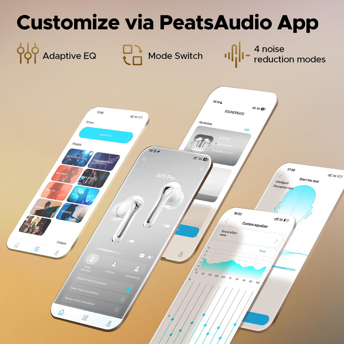 SoundPEATS Air5 Pro app screen highlighting PeatsAudio EQ presets.