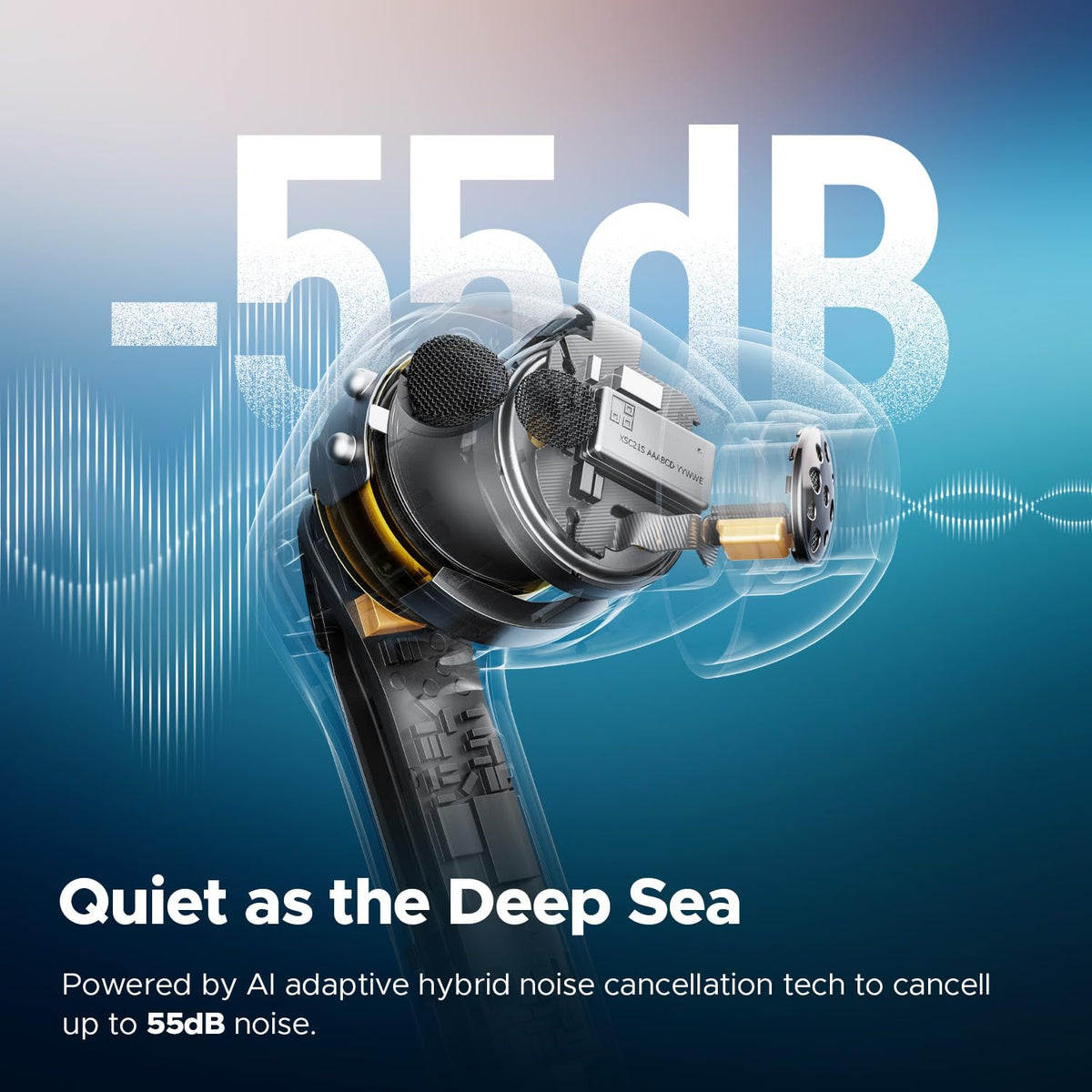 SoundPEATS Air5 Pro showcasing Bluetooth 5.4 for stable connections.