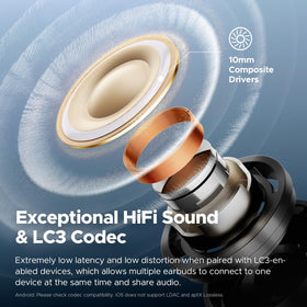 SoundPEATS Air5 Pro earbuds close-up, showcasing 10mm driver for clear highs and deep bass.