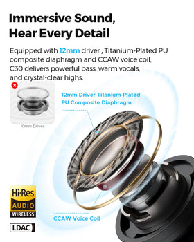 SoundPEATS C30 earbud close-up showing textured finish and ergonomic Flow Pebble shape for comfort