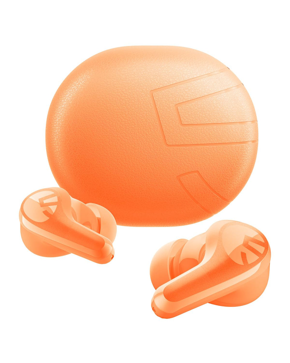 SoundPEATS C30 front view and case showing orange design and visibility benefit
