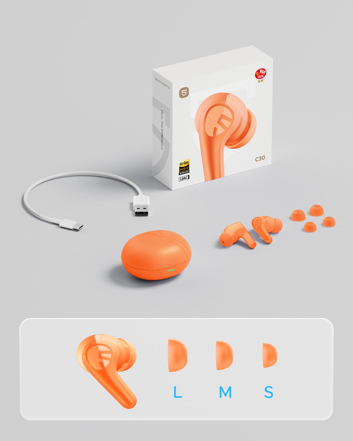SoundPEATS C30 retail packaging and included accessories showing complete kit