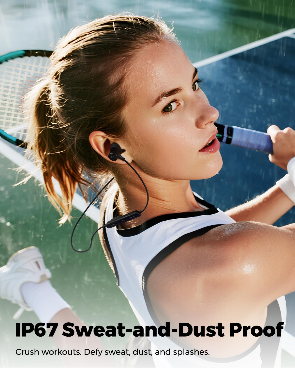 SoundPEATS earbuds splashing water to show IP67 protection against sweat and rain