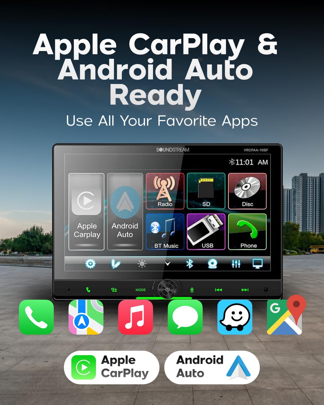 Soundstream VRCPAA-106F with Apple CarPlay and Android Auto for seamless smartphone integration.