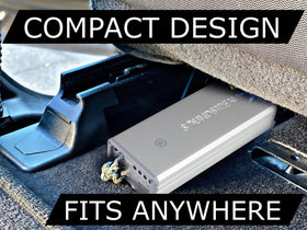 Soundstream RSM1.4000D side profile shows slim footprint ideal for discreet under-seat mounting.