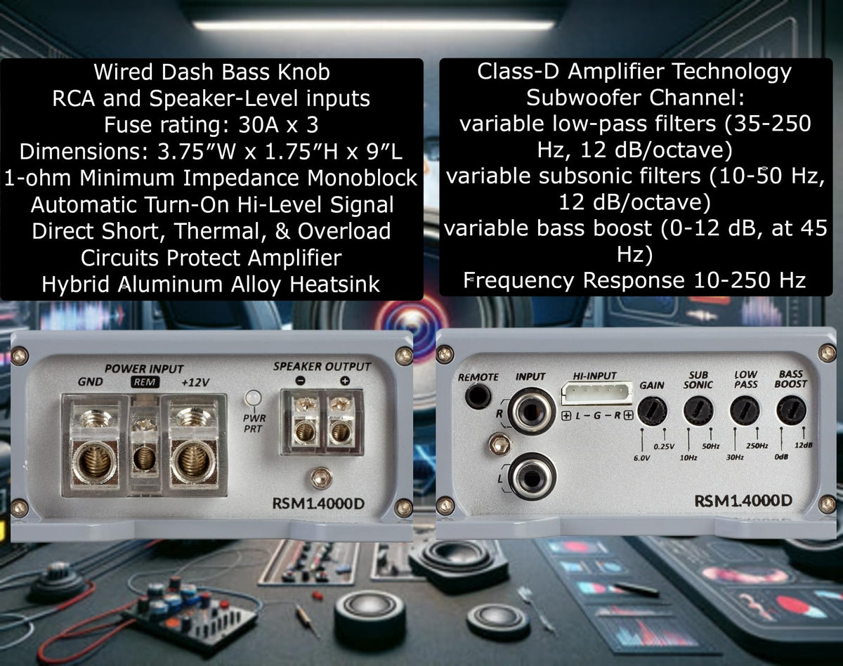 Soundstream RSM1.4000D wired bass knob enables on-the-fly level adjustments.