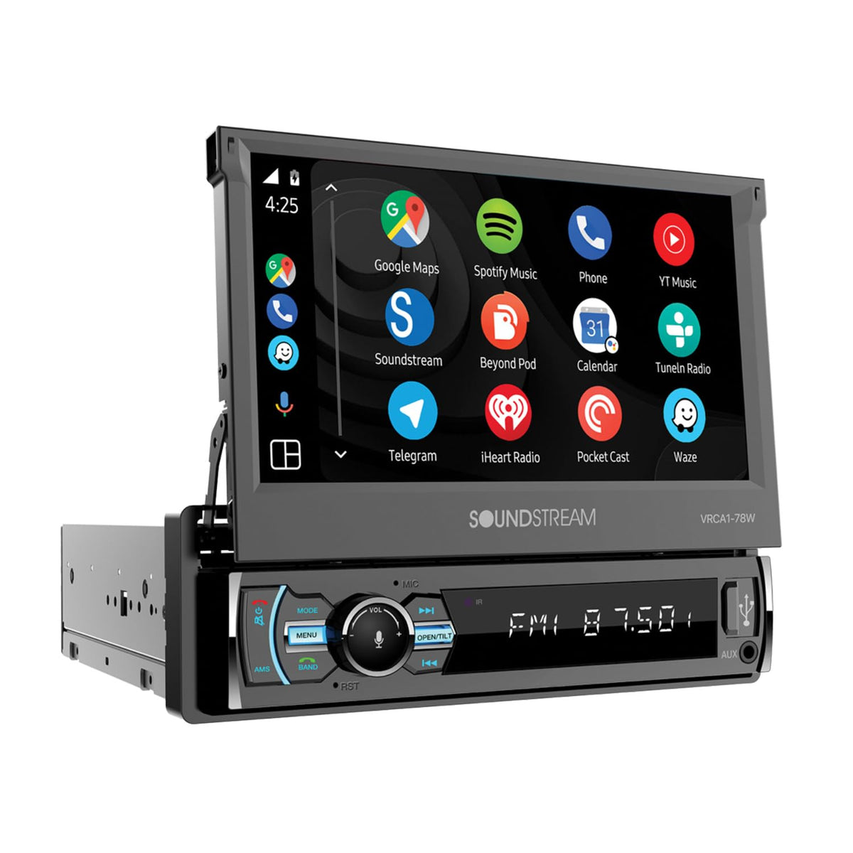 Soundstream VRCA1-78W flip-out display shown integrated in a modern dash for easy access.