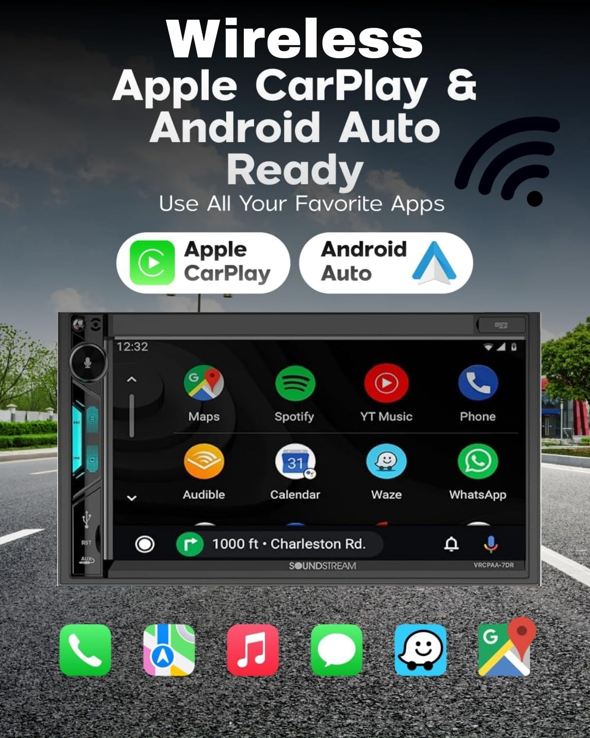 Soundstream VRCPAA-7DR wireless Apple CarPlay for hands-free navigation and calls.