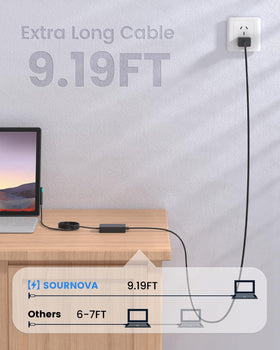 SOURNOVA charger next to laptop showing compact size and scale