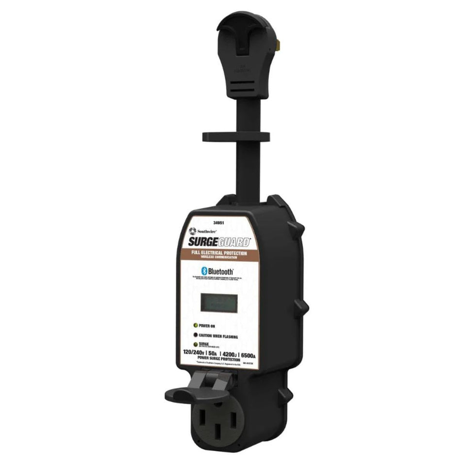 Southwire 50A Wireless Surge Guard front view protecting RV power inlet