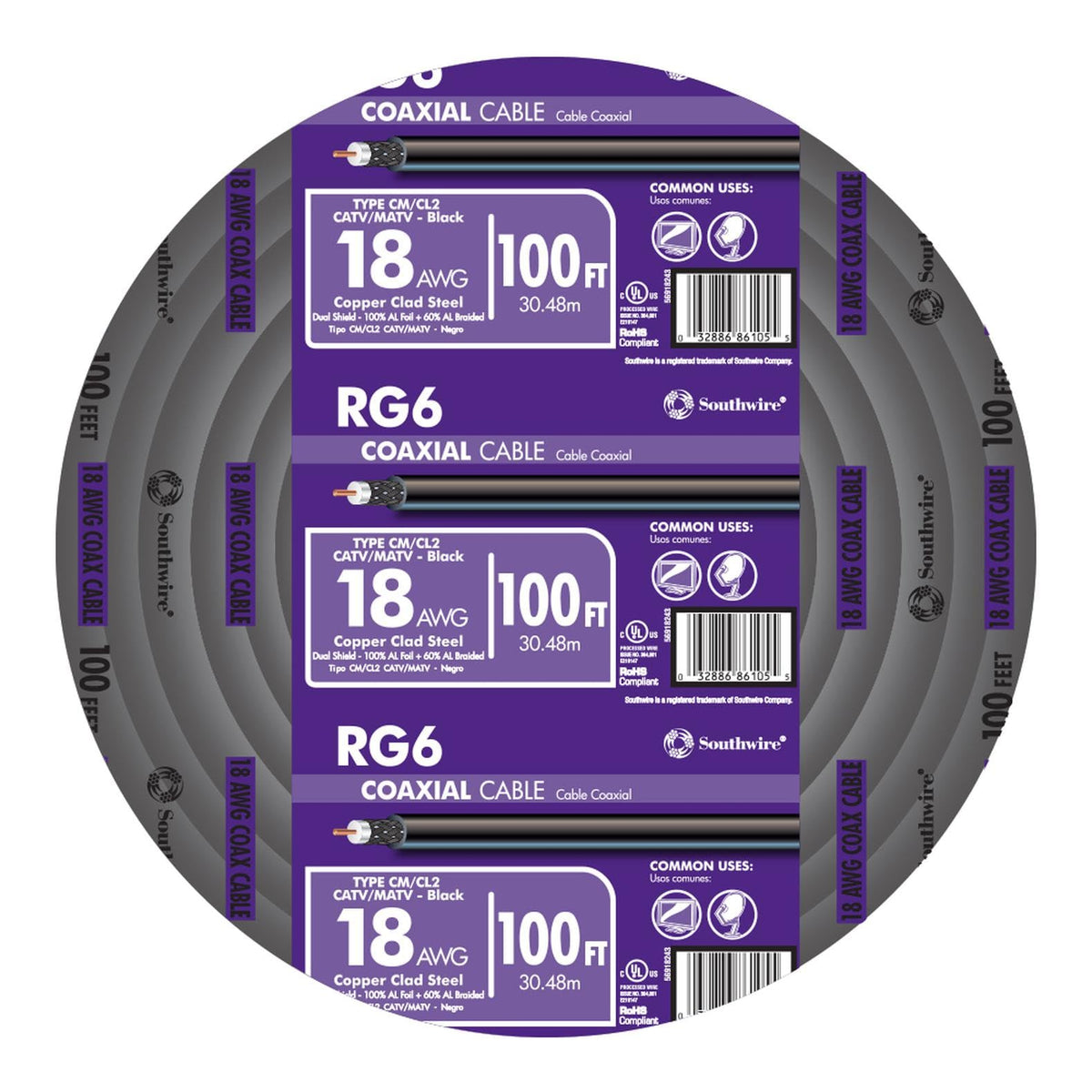 Southwire RG6 quad shield coax cable with black jacket, CM-rated for concealed installations