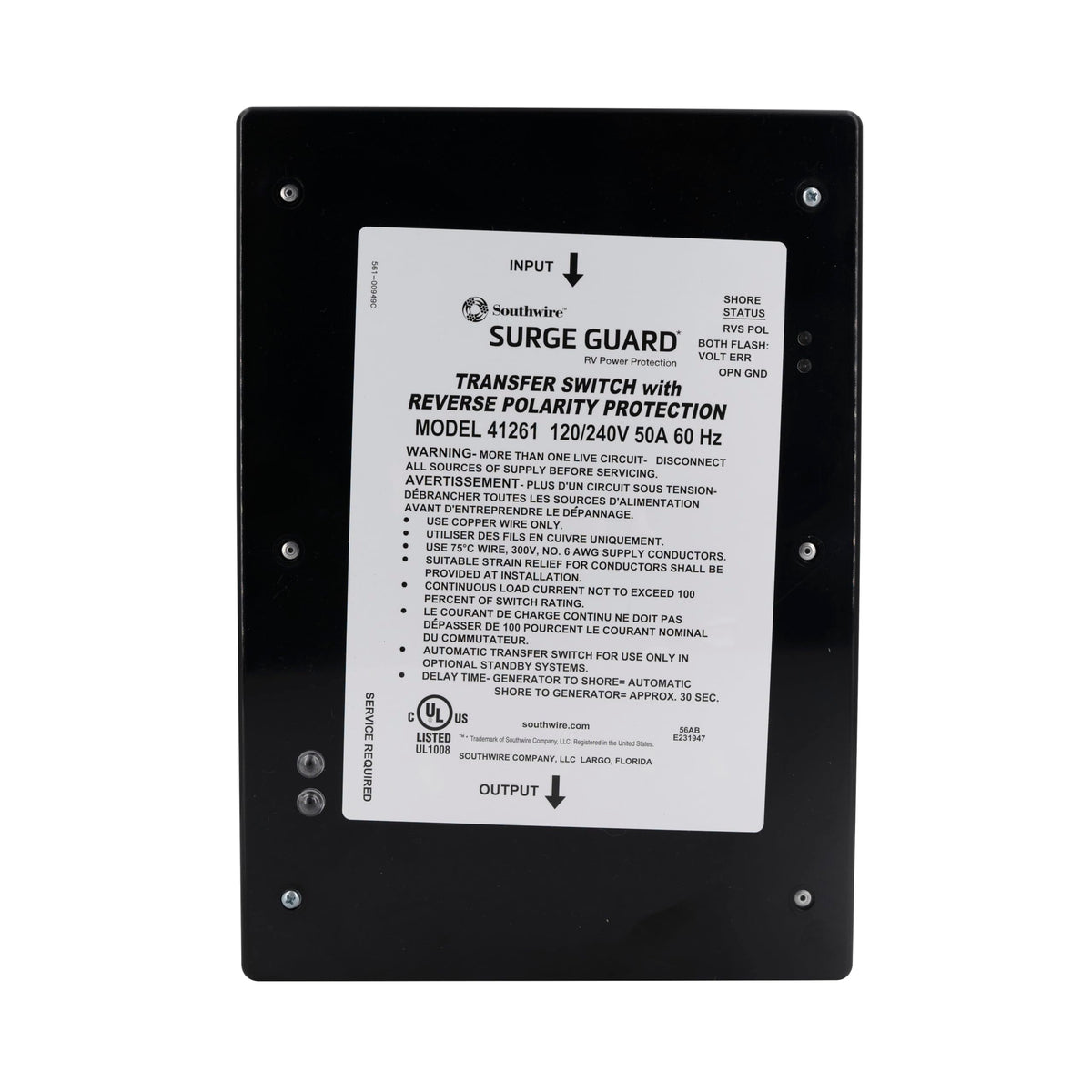 Southwire entry level 50A surge guard transfer switch showing compact protective housing for gear