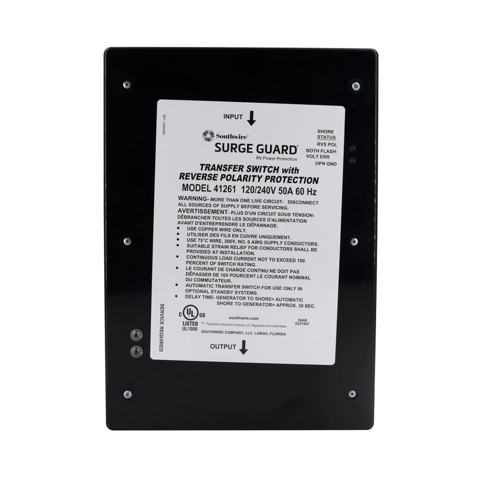 Southwire entry level 50A surge guard transfer switch showing compact protective housing for gear