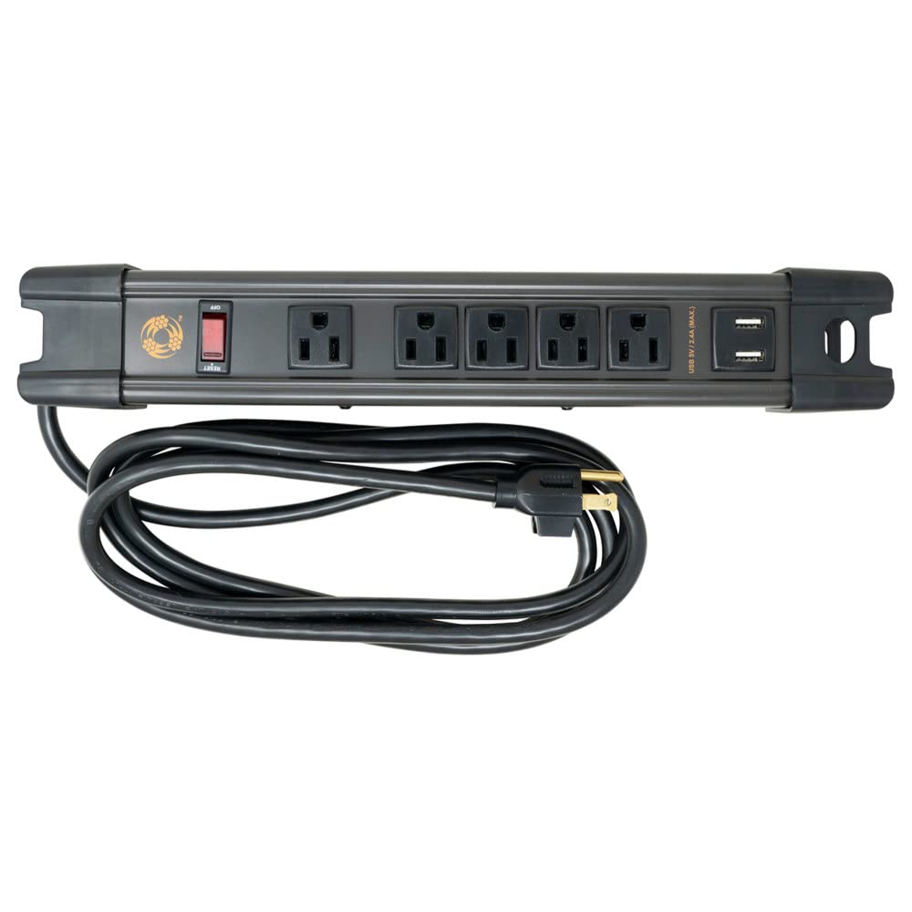 Southwire front view showing outlets and USB ports, durable mount benefit