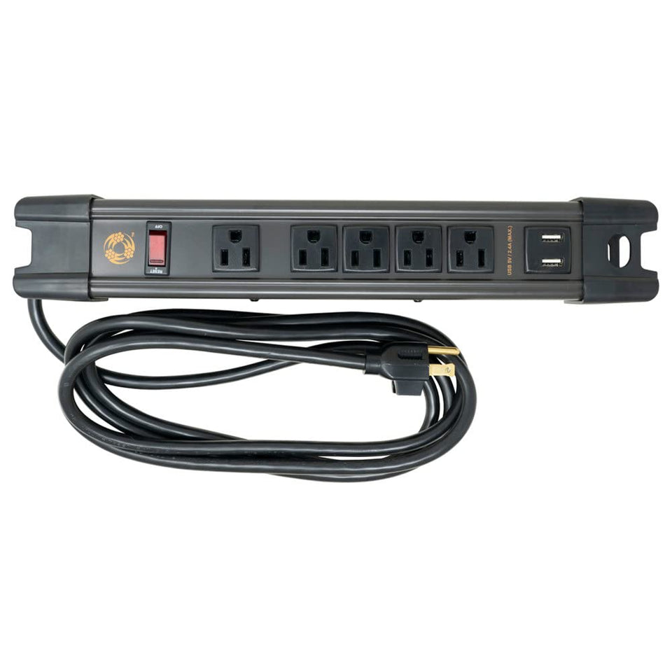 Southwire front view showing outlets and USB ports, durable mount benefit