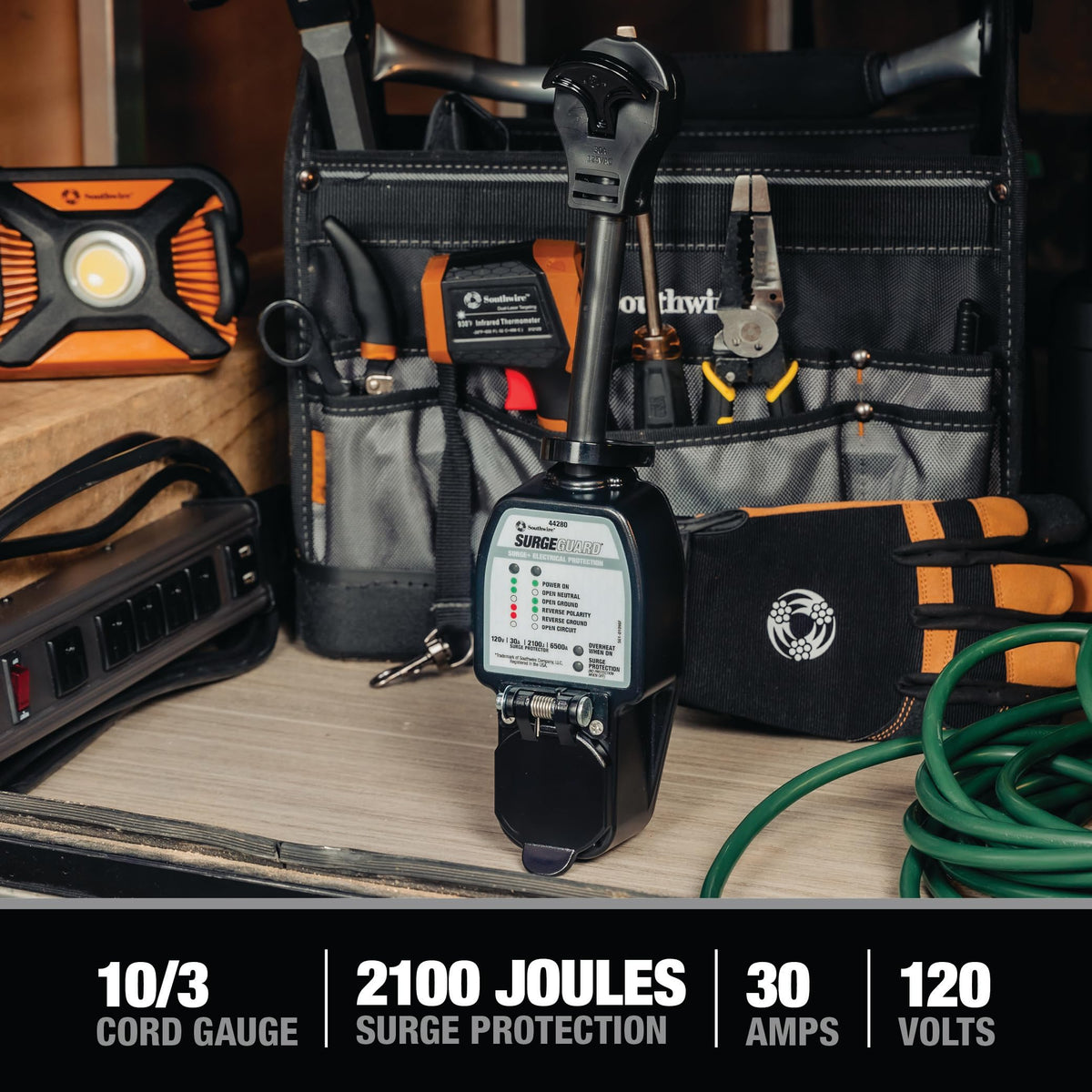 Southwire Surge Guard 2100 joules protection for outdoor RV power.