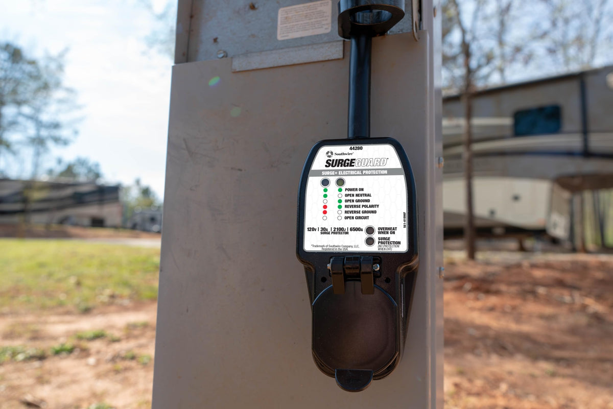 Southwire Surge Guard 30A in-use at campsite protects park power.