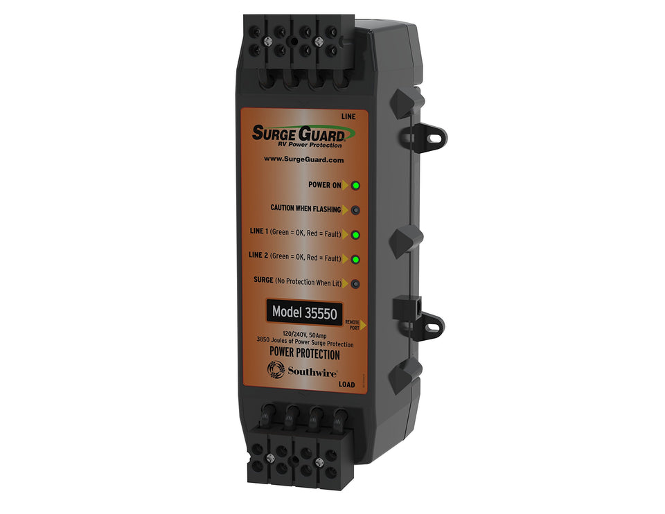 Southwire Surge Guard 35550 installed in coach bay protects electronics from surges.