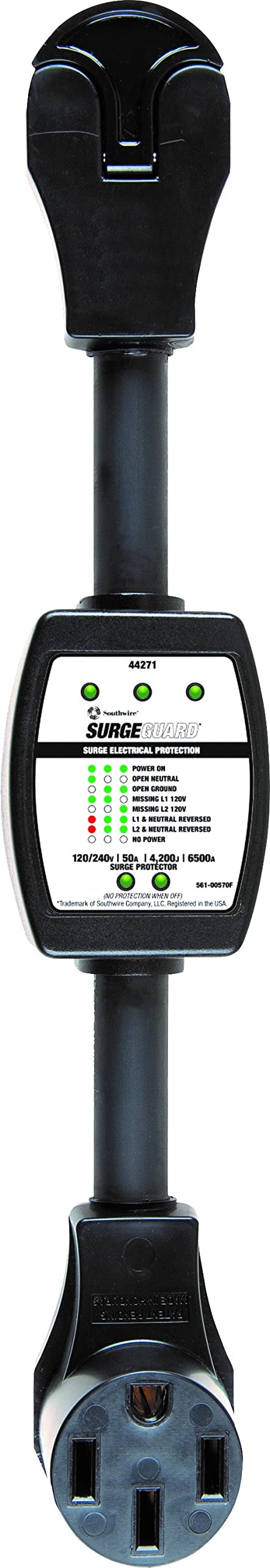 Southwire surge protector front view showing LEDs and housing for quick safety checks