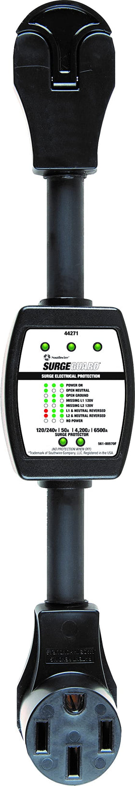 Southwire surge protector front view showing LEDs and housing for quick safety checks