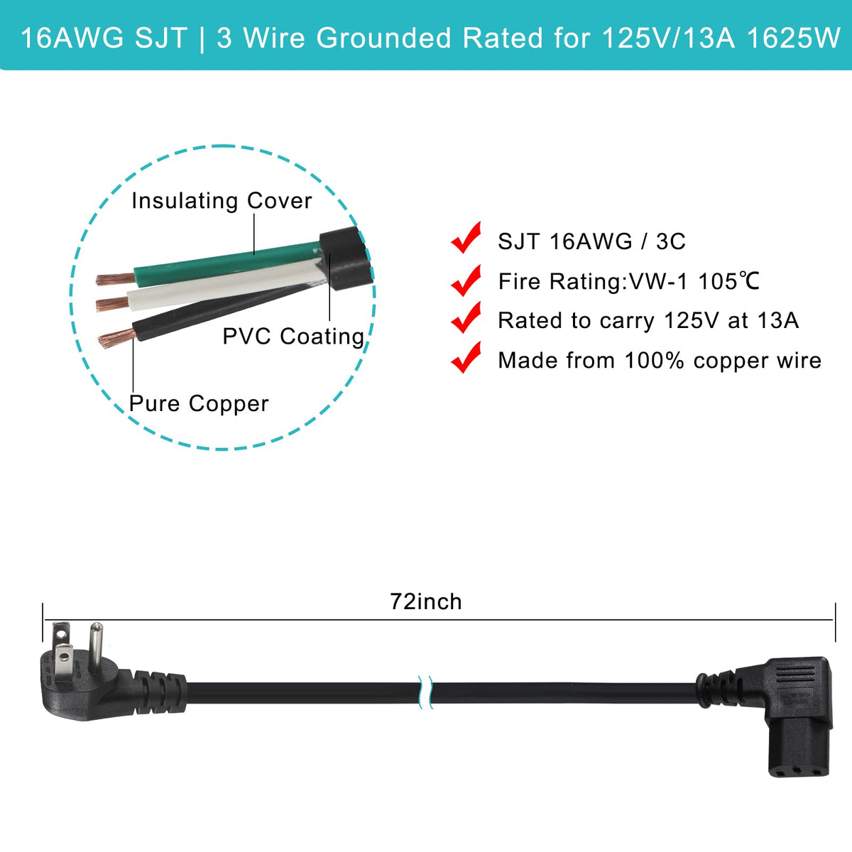 SPARKING 6ft 16AWG cord supports up to 125V and 13A