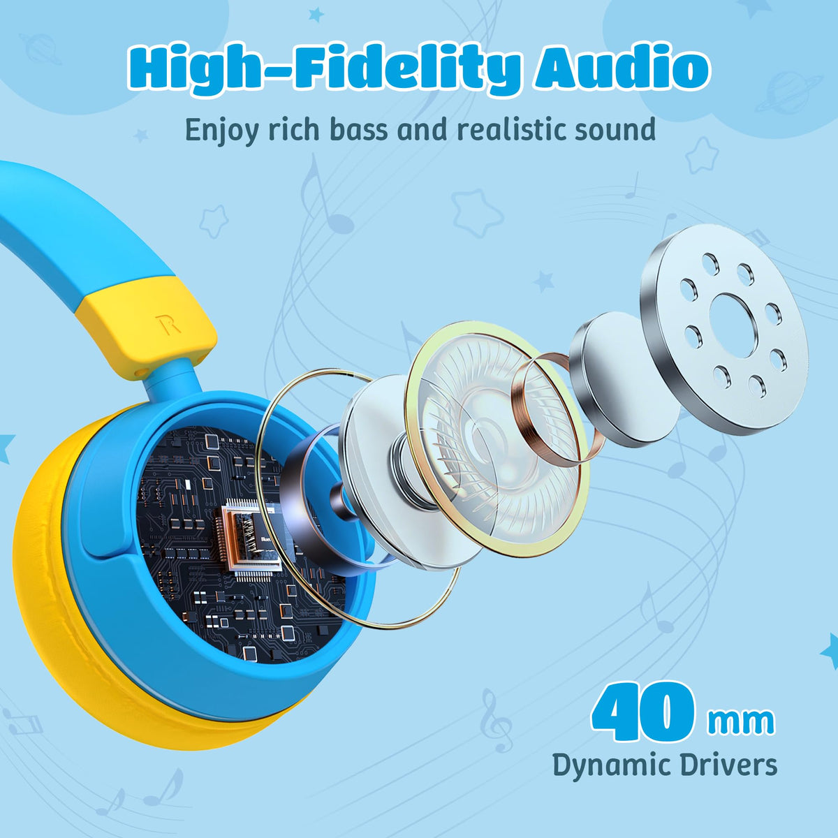 Sparks Plus 40mm drivers delivering clear sound for music and stories