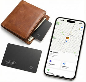SparkShoots Ultra Slim Air Card Tag demonstrates Find My compatibility for secure luggage and wallet tracking.