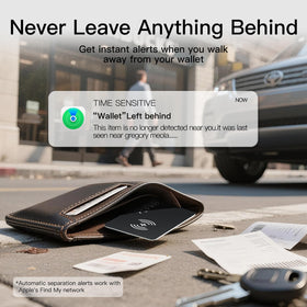 SparkShoots Wallet Tracker Card tucked in a wallet enables effortless Find My location.