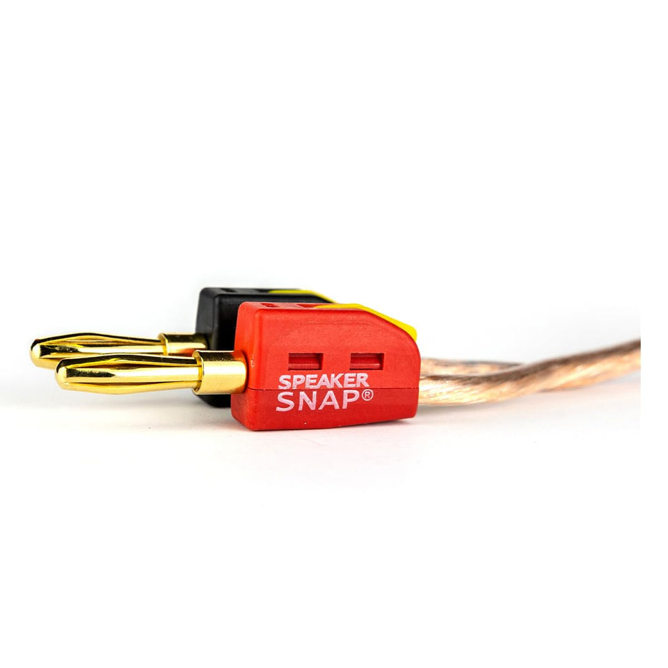 Speaker Snap banana plug close-up showing gold plating and secure fit for fast installs