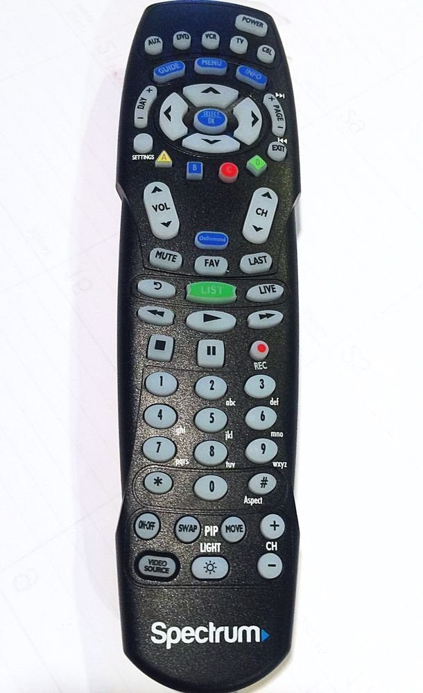 Spectrum TV remote front view showing ergonomic buttons for effortless control