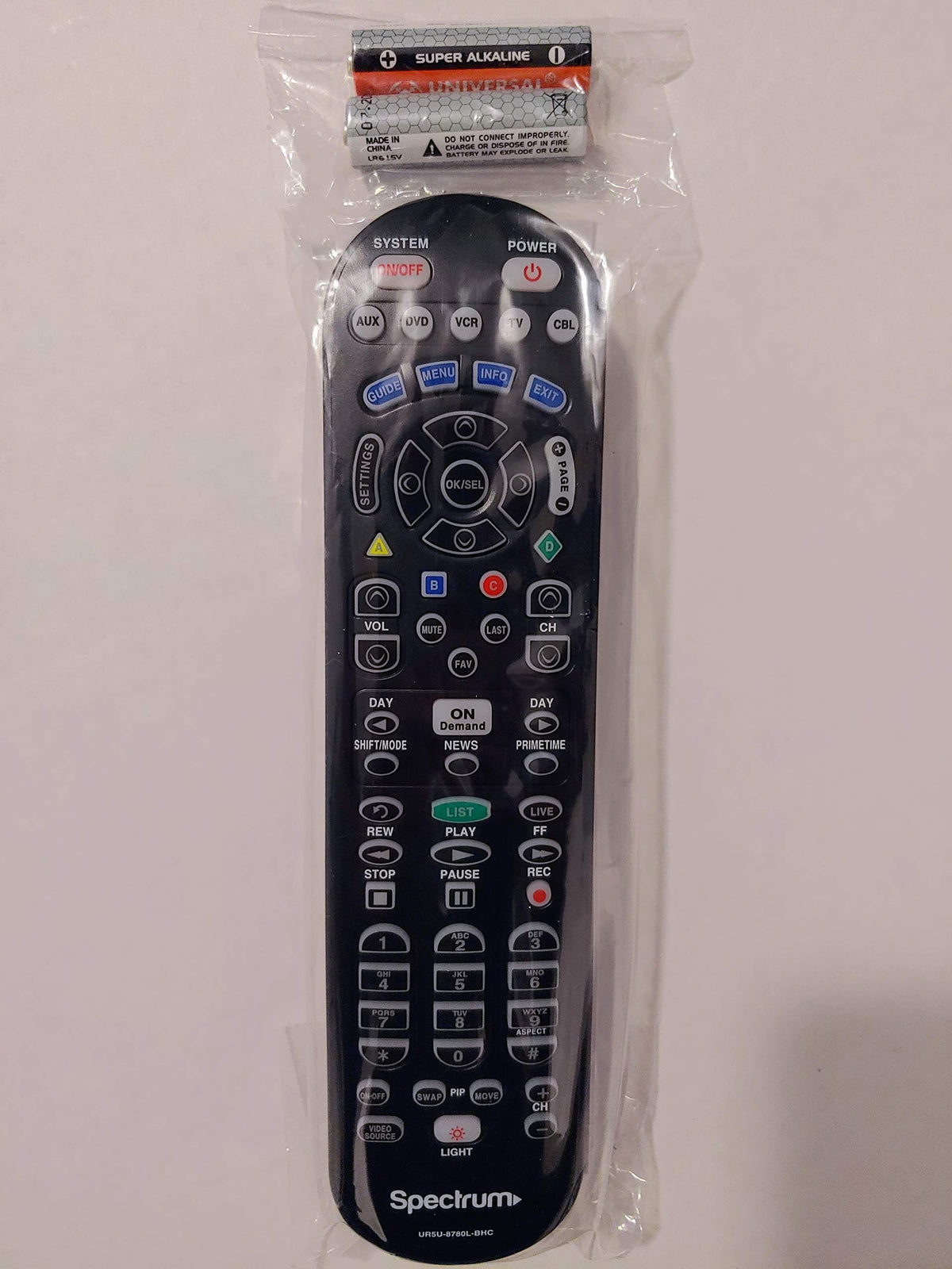 Spectrum TV remote front view showing buttons and clear labels for easy control