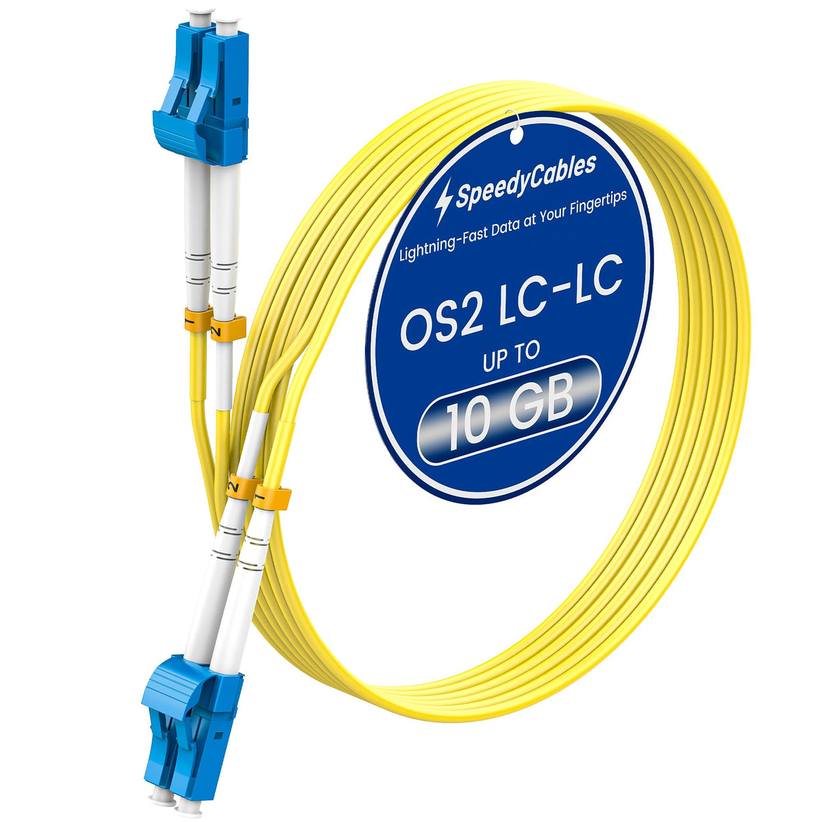 SpeedyCables front view of LC to LC 75m cable showing connectors and label, ensures correct purchase