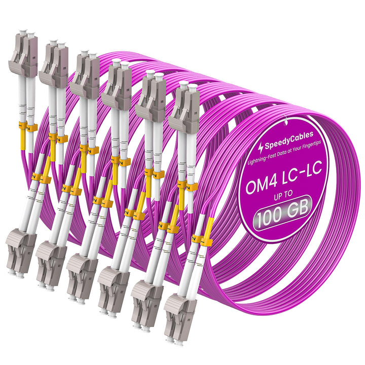 SpeedyCables OM4 front packaging showing magenta LSZH cables for quick identification and safety