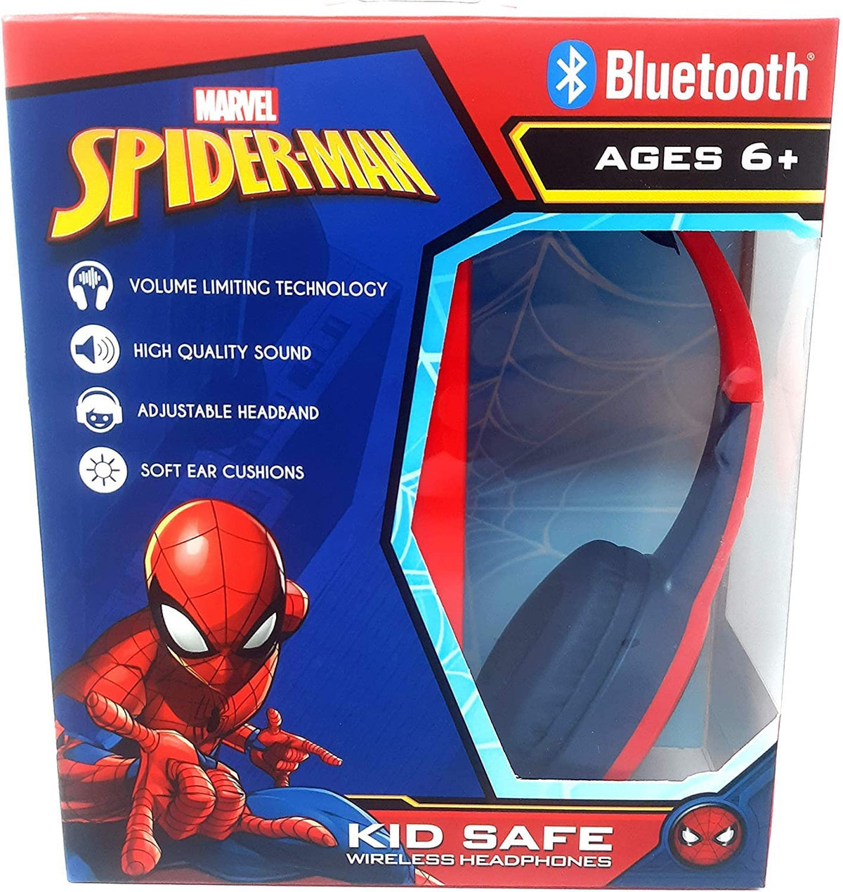 Spider-Man Bluetooth kid-safe headphones front view showing durable, kid-friendly design.