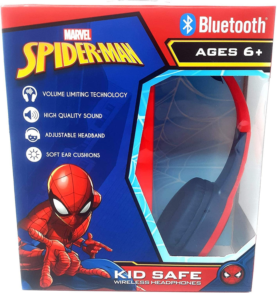 Spider-Man Bluetooth kid-safe headphones front view showing durable, kid-friendly design.